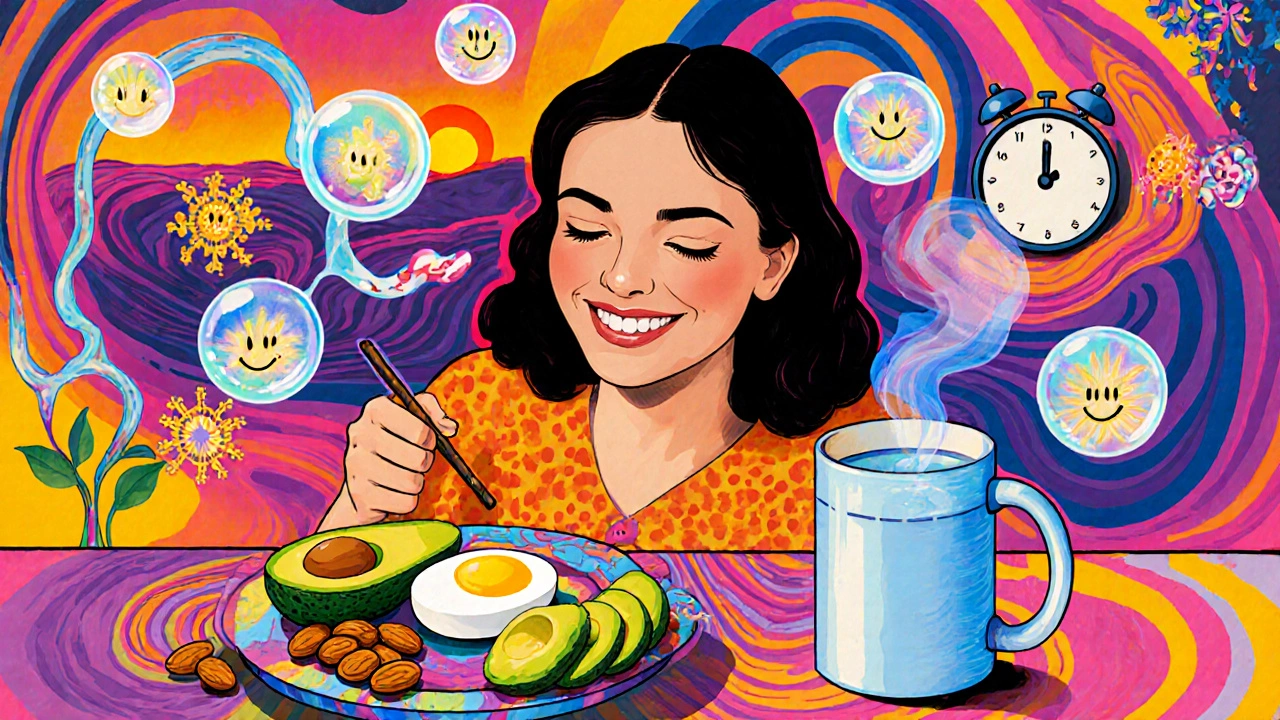 A woman eating protein-rich foods with glowing nutrients and water droplets around her in a colorful kitchen.