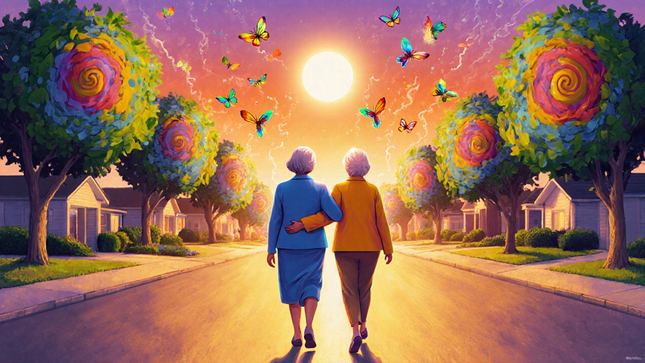 Two women walking at sunrise, surrounded by glowing mitochondria and butterflies, symbolizing renewed energy.
