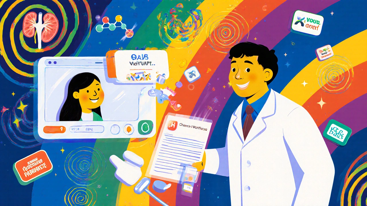 Doctor and patient in video call with floating medical icons and trusted pharmacy logos in colorful cartoon style.