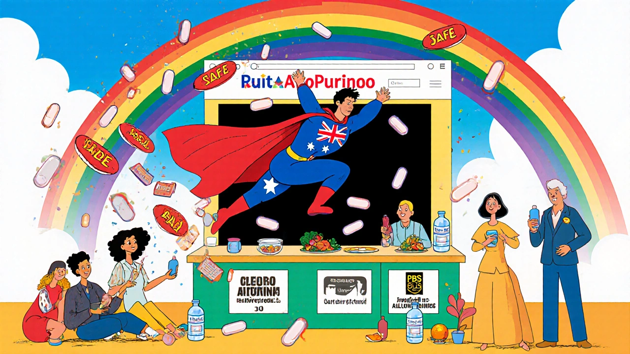 Hero flying from fake pills to safe pharmacy with PBS pricing, surrounded by healthy lifestyle symbols in rainbow style.