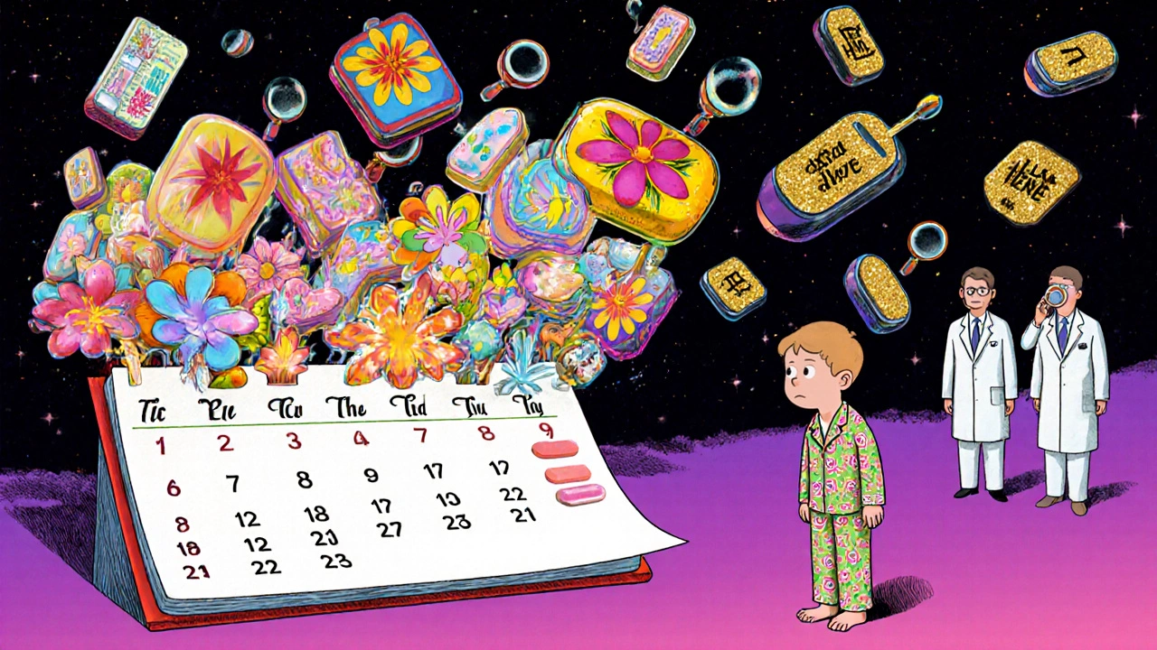 A calendar showing symptoms blooming over weeks from a pill bottle, surrounded by floating medical symbols.