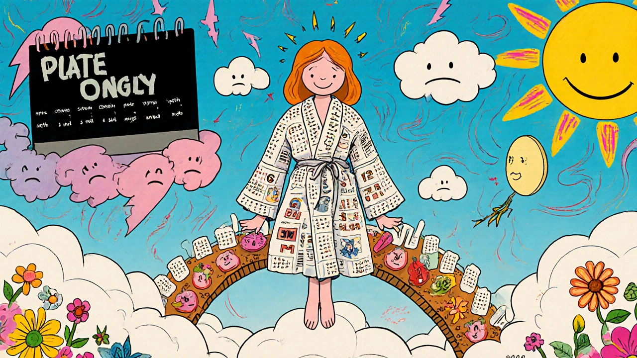 A happy patient on a cloud, surrounded by a calendar showing fewer migraine days and a bright future.