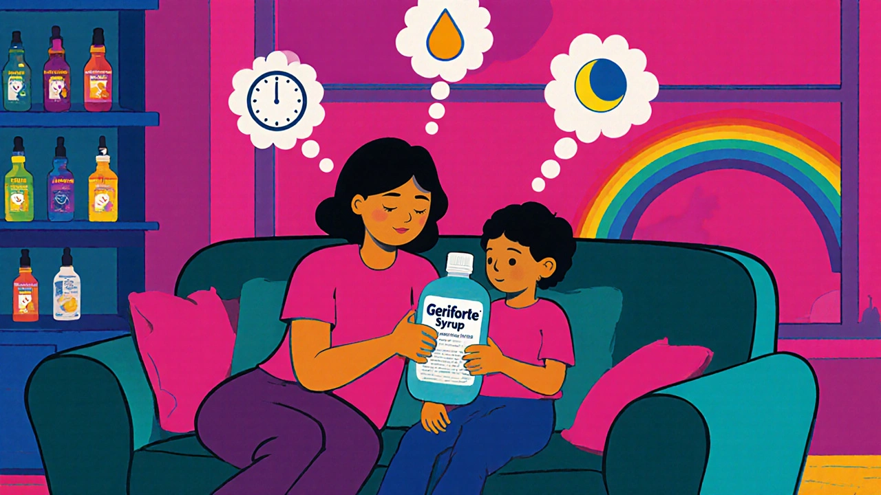 Cartoon of a parent and child in a living room deciding on Geriforte, with thought bubbles showing relief factors.