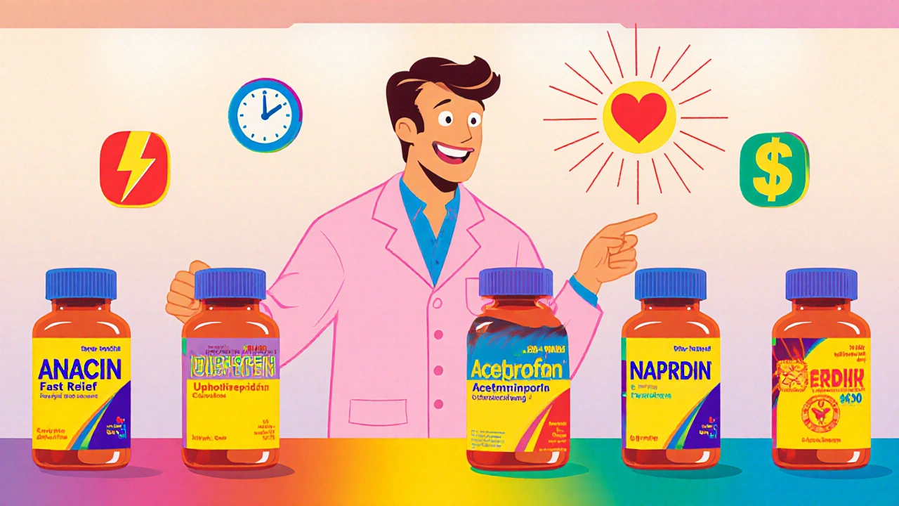 Cartoon pharmacist hero at a colorful counter pointing to Anacin among other pain reliever bottles.