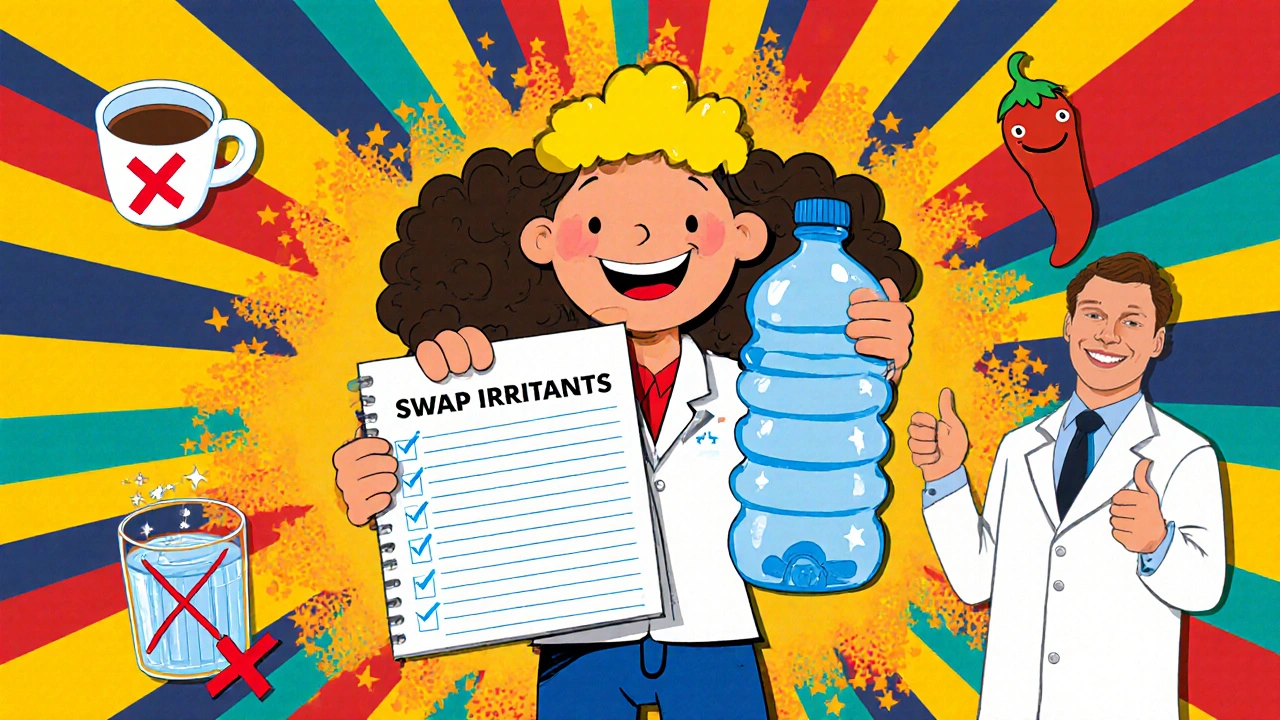 Cheerful figure with a food‑symptom diary, water bottle, and checklist next to a doctor, in a vibrant cartoon style.