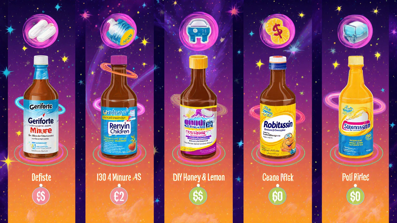 Colorful cartoon split‑screen comparing six cough syrup bottles with icons for onset, duration, and price.