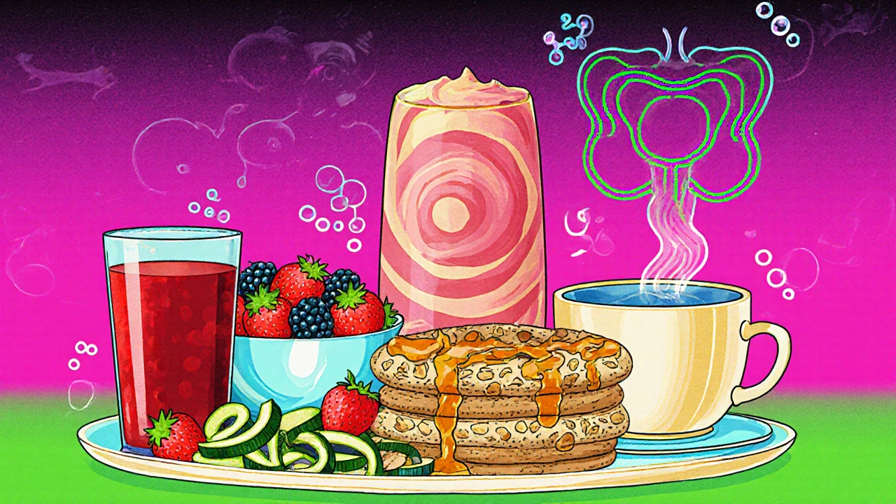 Colorful flat‑lay of cranberry juice, kefir, berries, cucumber, oatmeal, and tea with a glowing bladder outline.