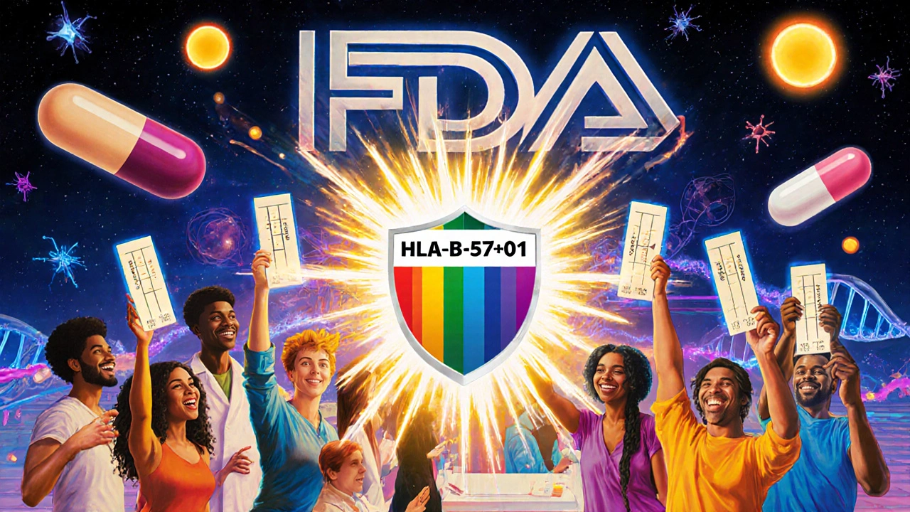 Diverse people holding glowing genetic test strips that burst into rainbows, with AI and DNA networks in the background.