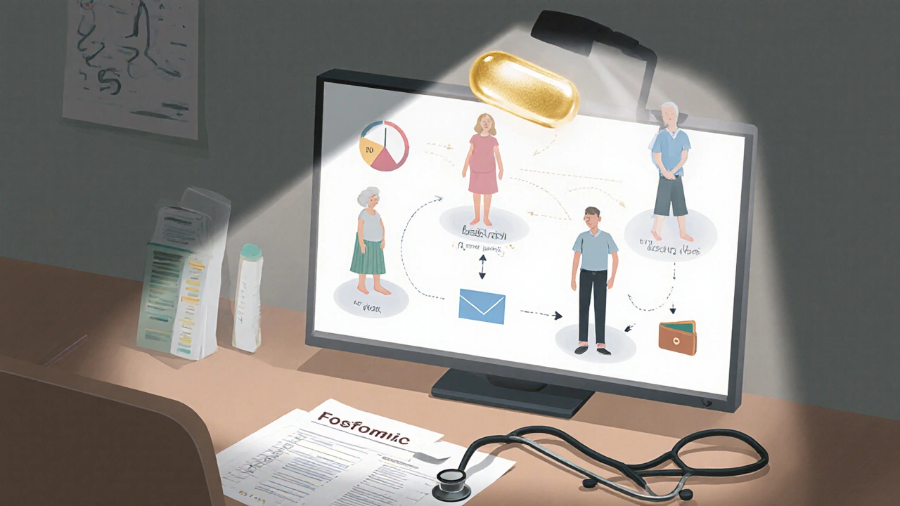 Doctor's desk with patient figures and a glowing fosfomycin tablet suggesting a treatment choice.