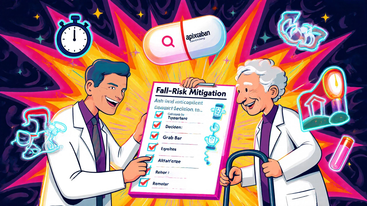 Doctor and senior patient reviewing a colorful fall‑risk checklist with apixaban highlighted.