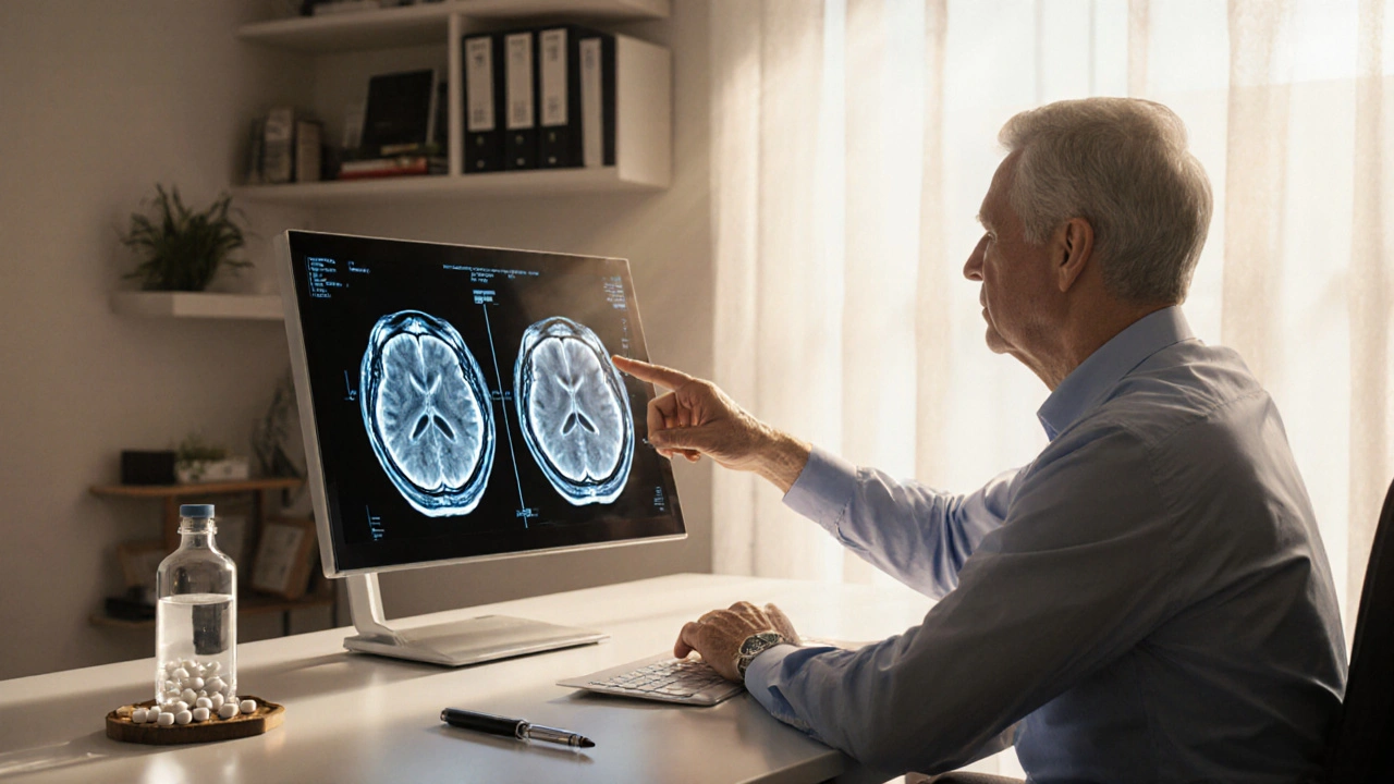 Doctor showing brain MRI to patient next to pills and injection pen.