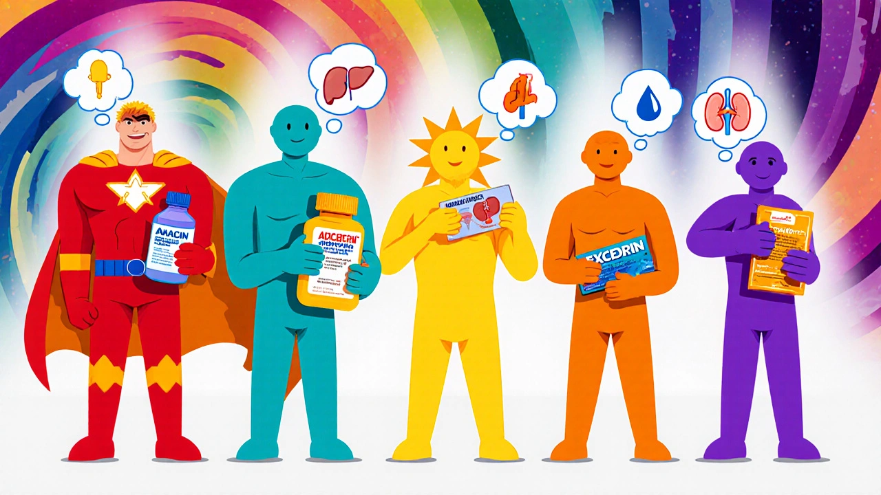 Five cartoon characters representing Anacin, ibuprofen, acetaminophen, naproxen, and Excedrin with side‑effect icons.