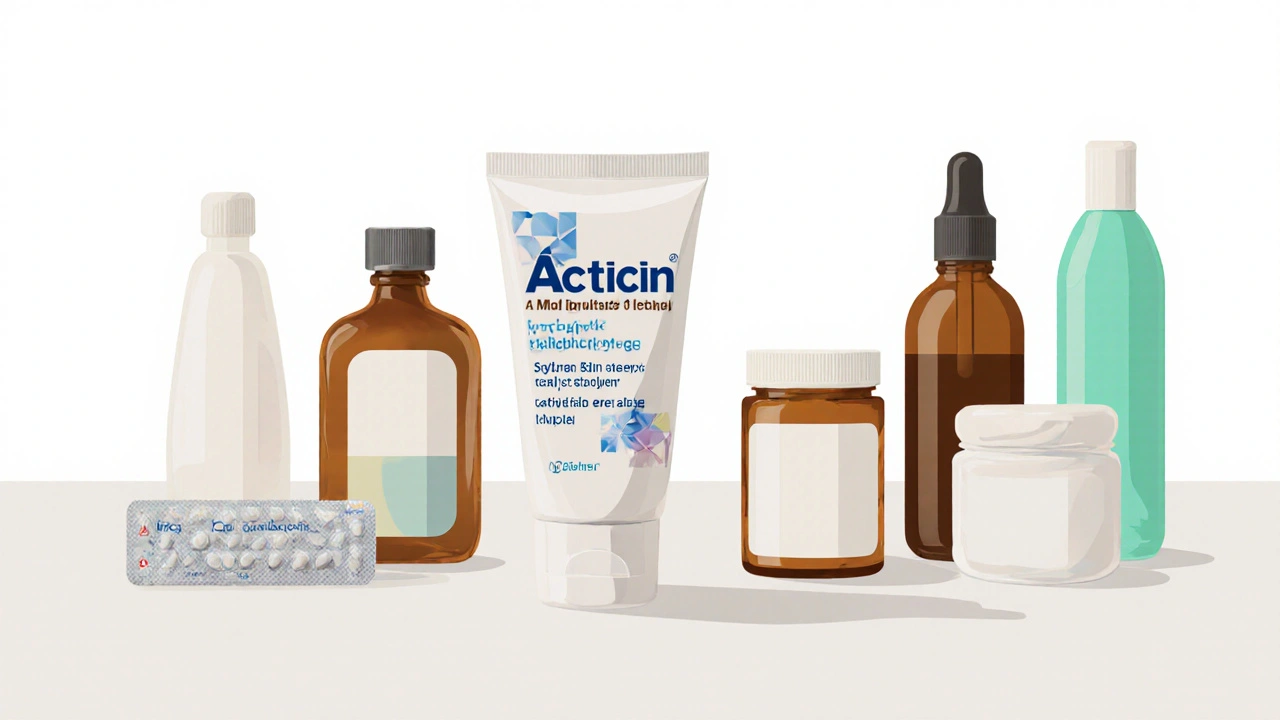 Flat‑lay of various scabies and lice treatment bottles and tubes.