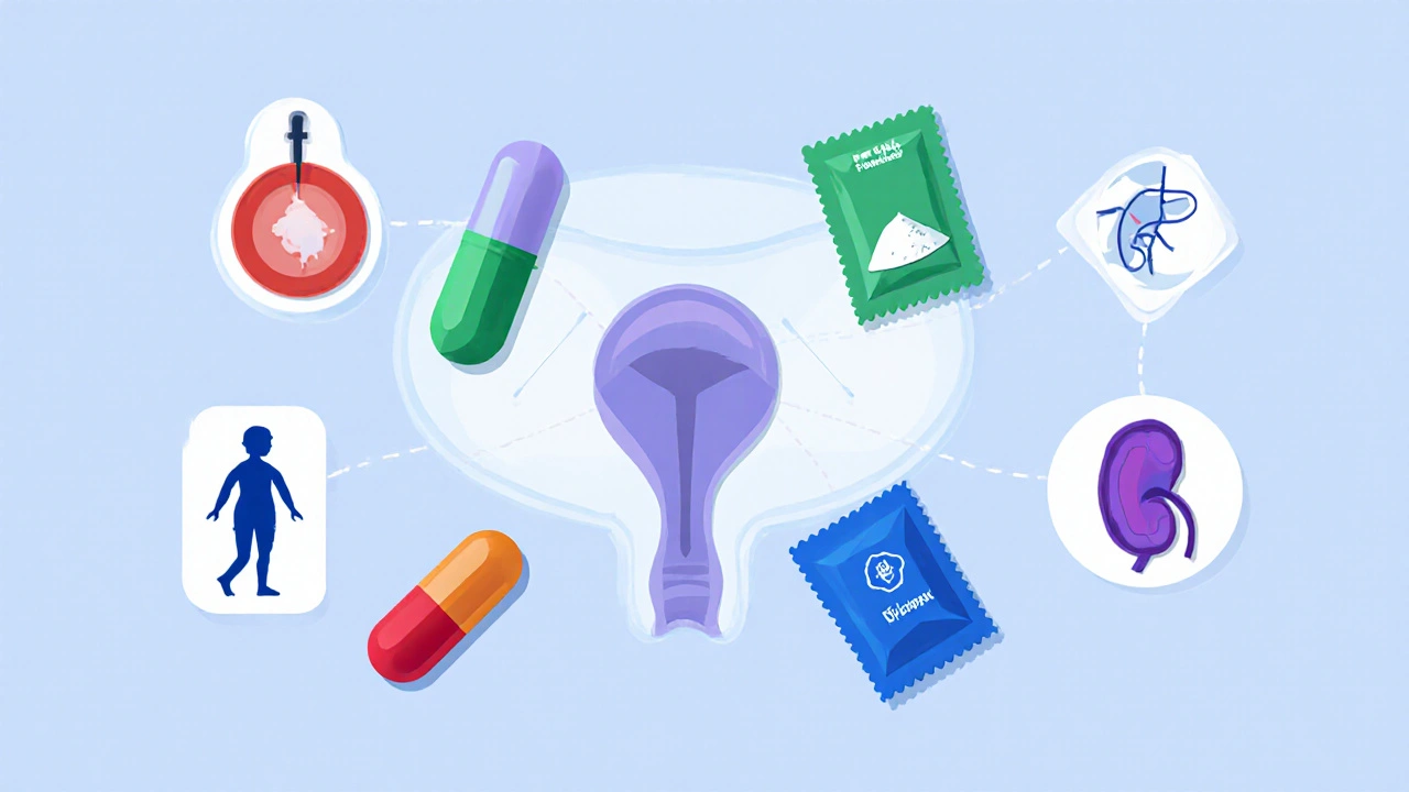Four antibiotic icons around a bladder with icons for pregnancy, kidney, and tendon.