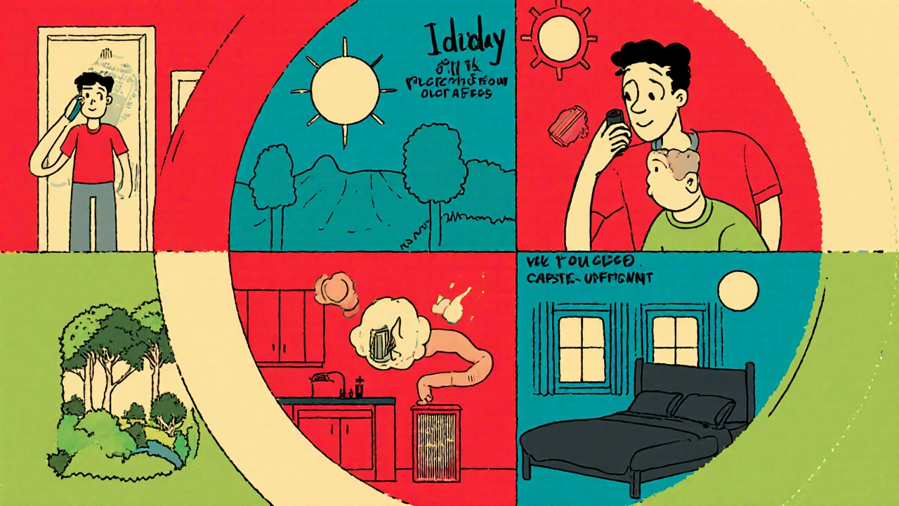 Four panels showing morning spray, midday antihistamine, evening inhaler, and bedtime HEPA filter.