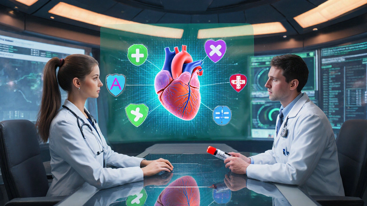 Futuristic medical hub showing doctors monitoring a holographic heart with treatment icons.