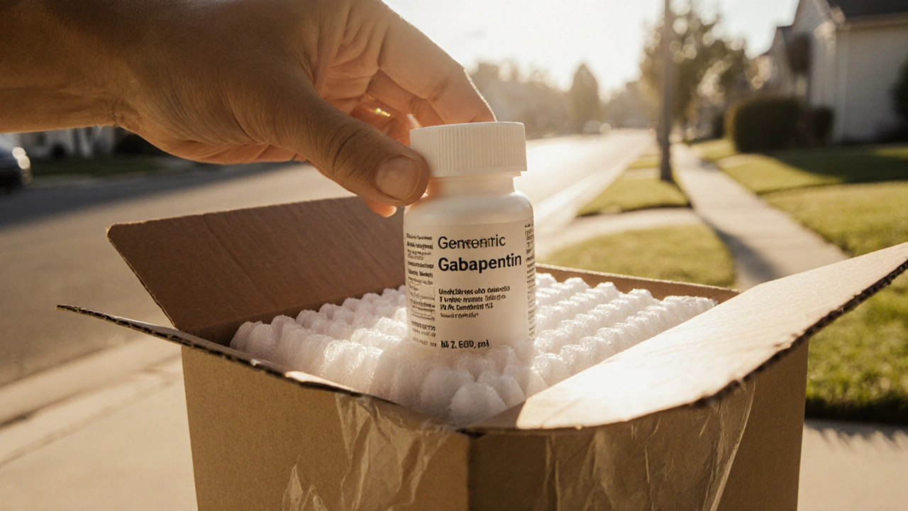 Hand opening delivery box on porch, revealing gabapentin bottle against golden sunlight.