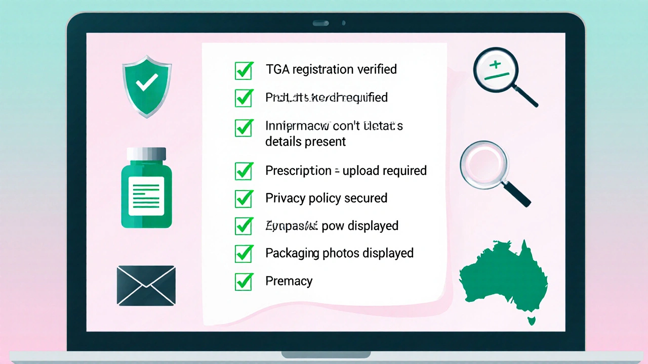 Illustrated laptop screen showing a checklist for verifying online pharmacies.