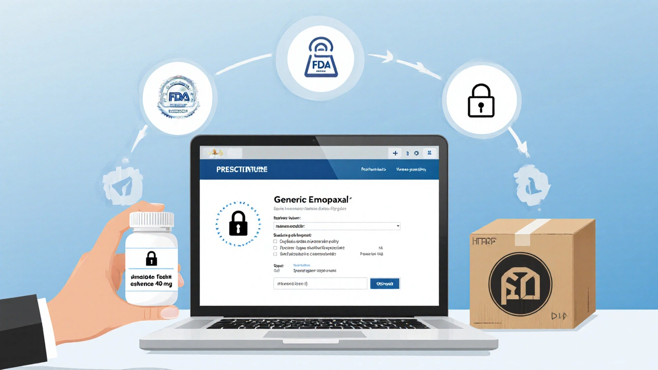 Laptop screen showing FDA badge, secure lock, and prescription upload beside generic pill bottle.