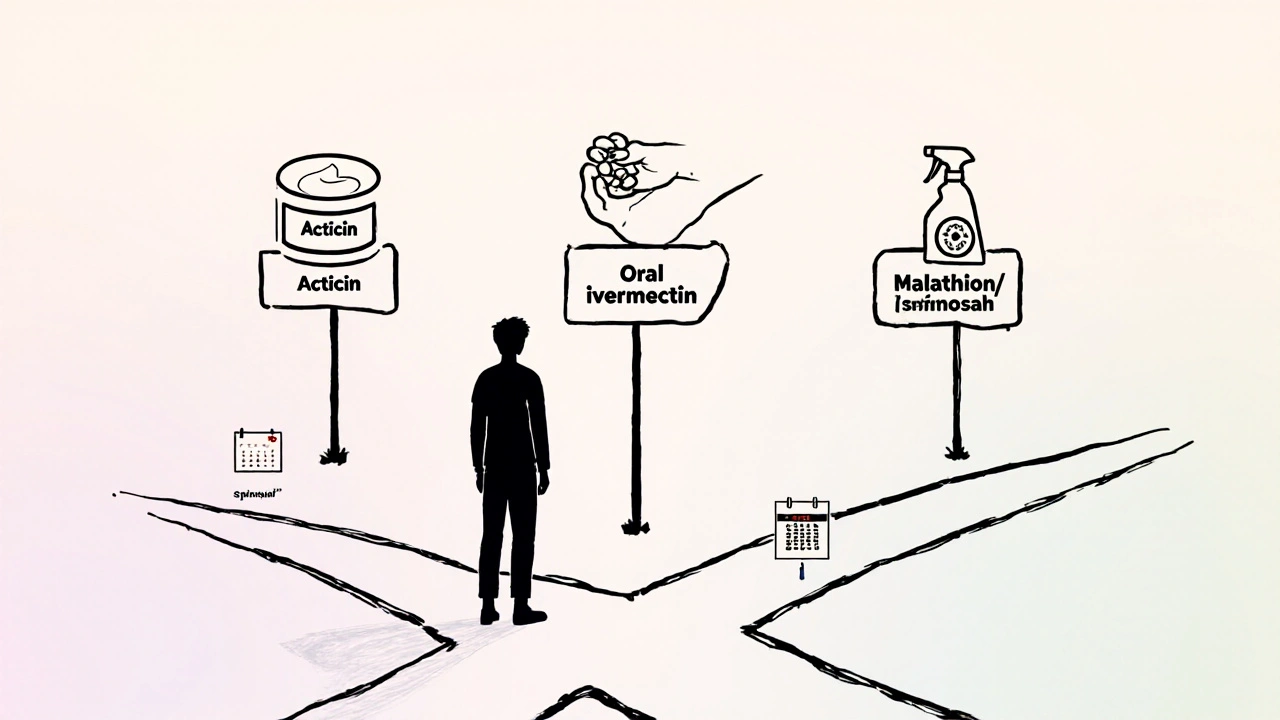 Line drawing of a person choosing between cream, pills, and spray.