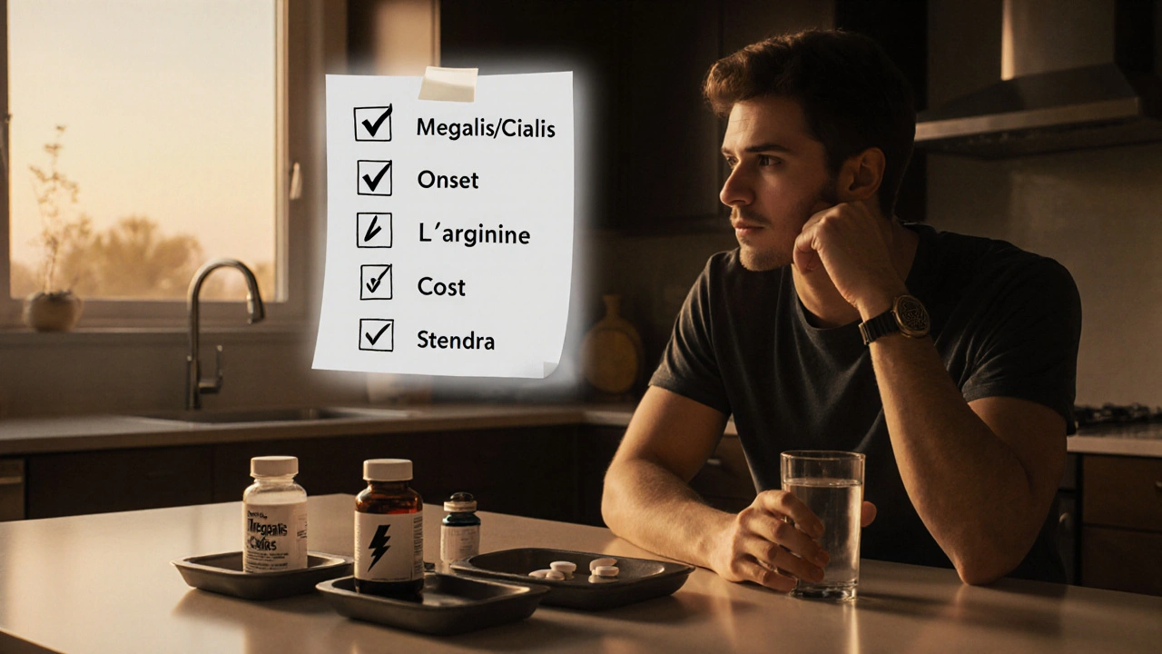 Man at kitchen counter reviewing pills and supplements with a floating checklist overlay.