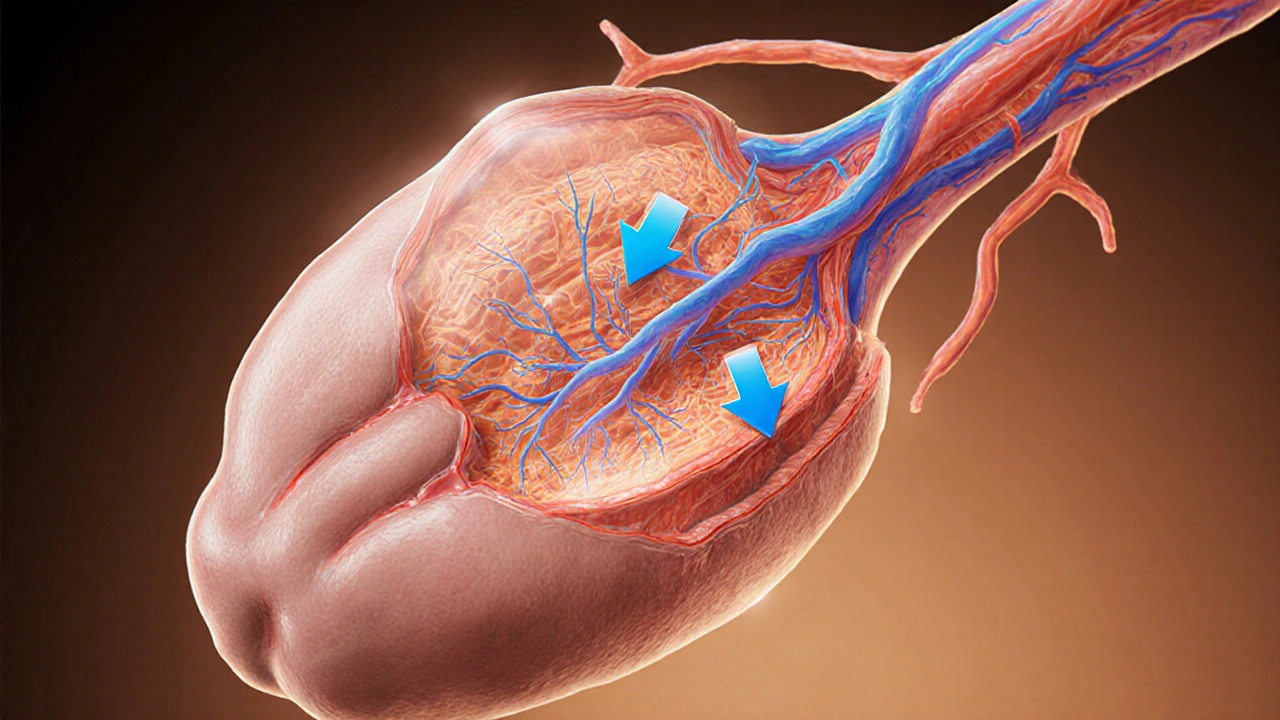 Medical illustration of penile blood vessels showing increased flow from tadalafil action.