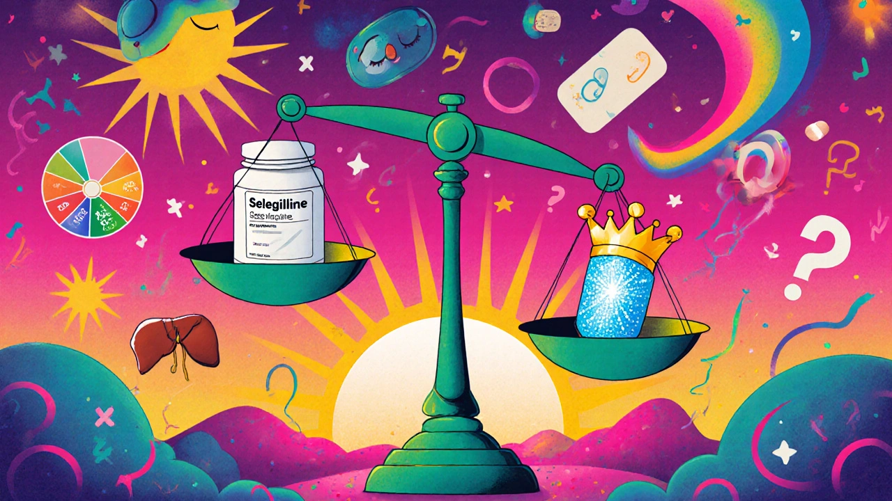 Medical scale balancing selegiline and rasagiline pills with symbolic icons in vibrant cosmic colors.