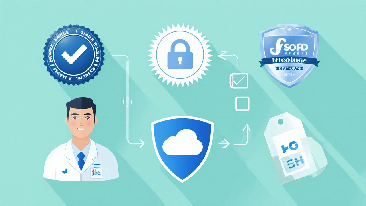 Minimalist checklist icons for pharmacy verification: badge, seal, shield, upload, price tag.