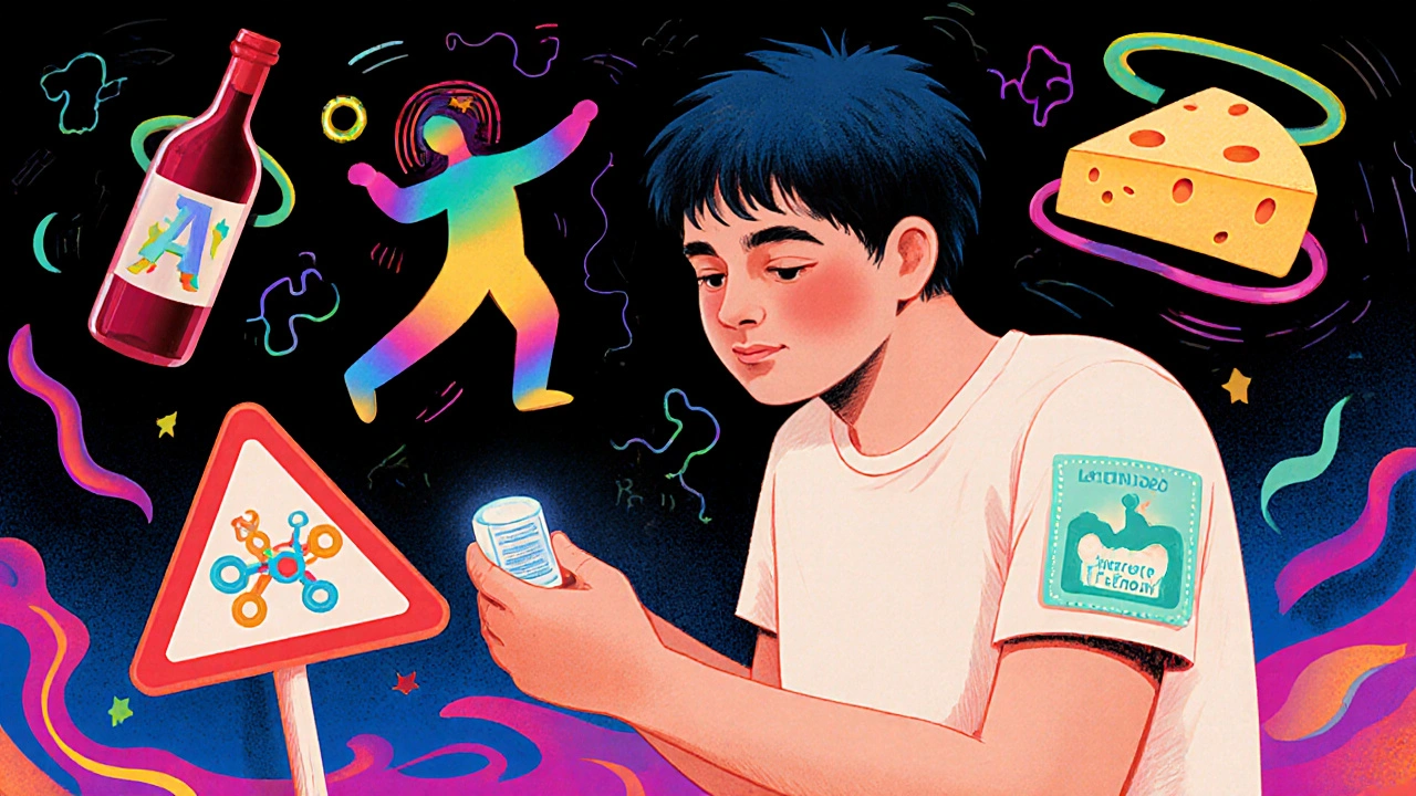 Parkinson’s patient with levodopa pill and Emsam patch, surrounded by warning symbols in psychedelic style.