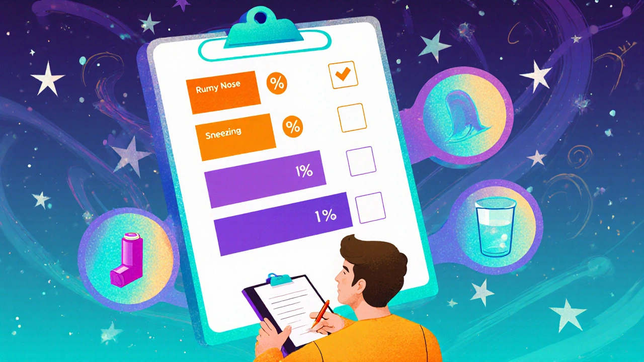 Person checking a checklist beside a symptom score chart with descending bars.