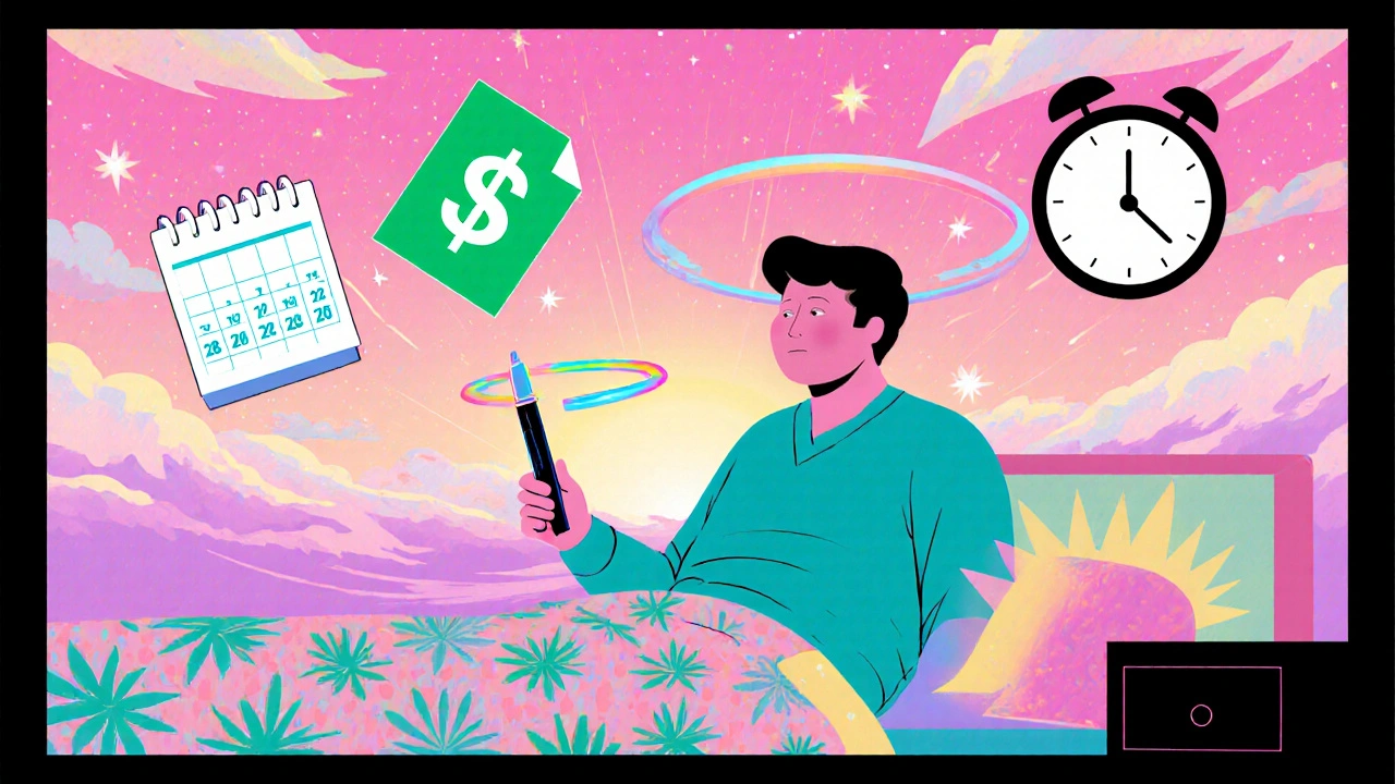 Person holding glowing insulin pen amid floating icons for cost, calendar, and flexible dosing.