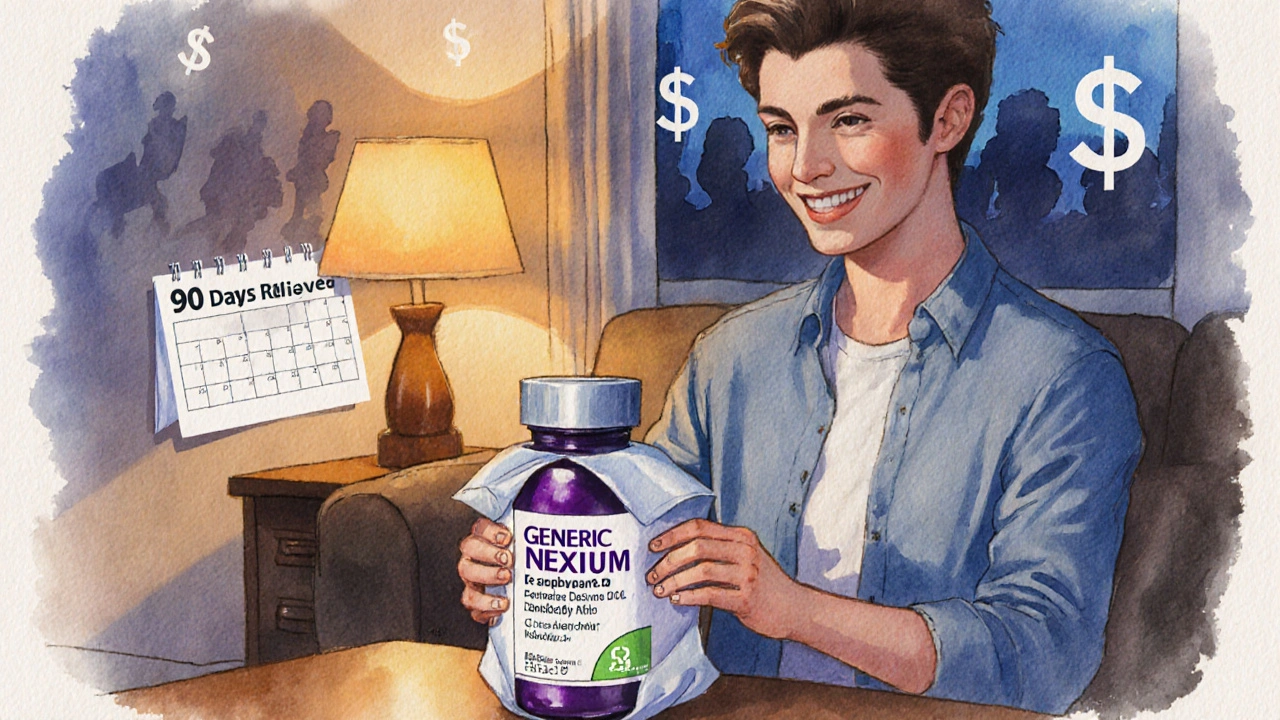 Person opening discreet package revealing labeled generic Nexium bottle, feeling relieved.