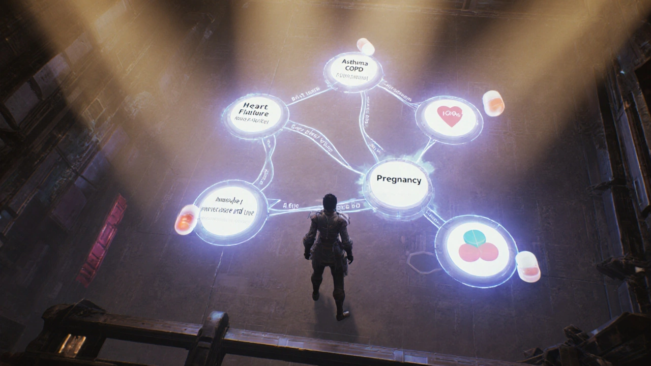 Player facing holographic branching paths representing medication choices.