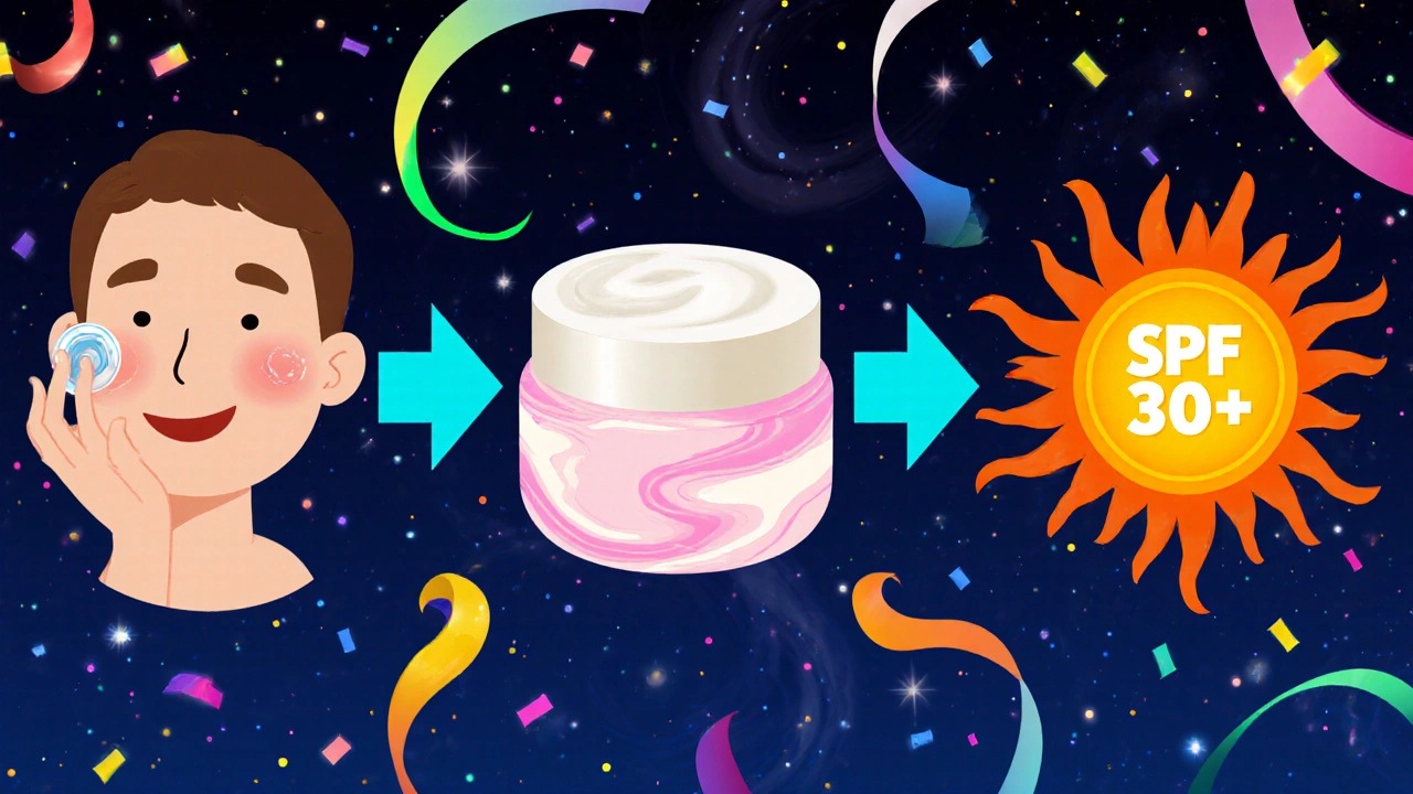 Playful cartoon of a person applying gel, moisturizer, and sunscreen in a nightly routine.