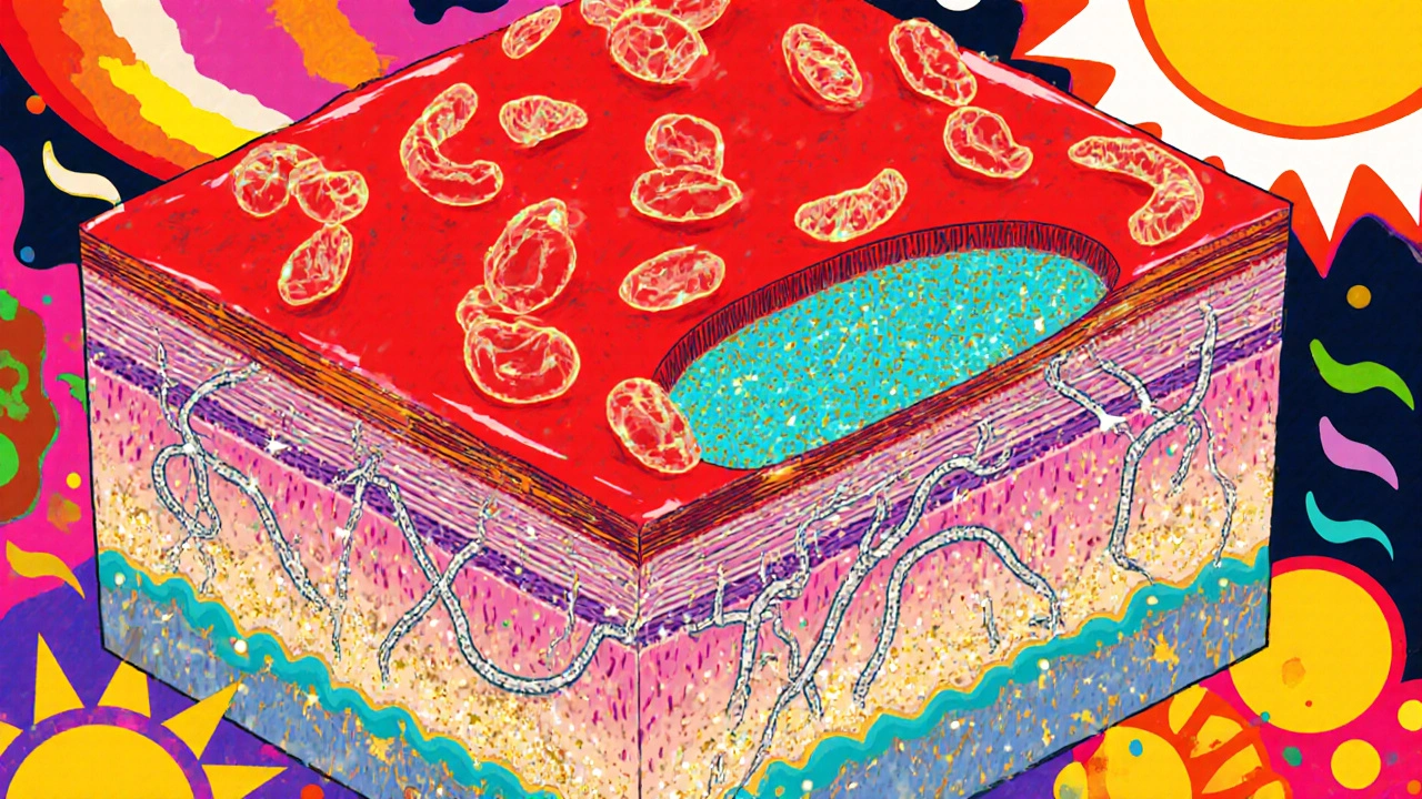 Psychedelic cross‑section of skin showing accelerated cell turnover and glowing collagen fibers.