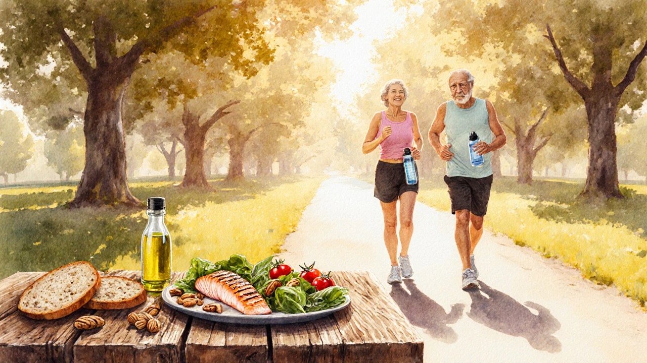 Senior couple walking with Mediterranean food spread on a table.