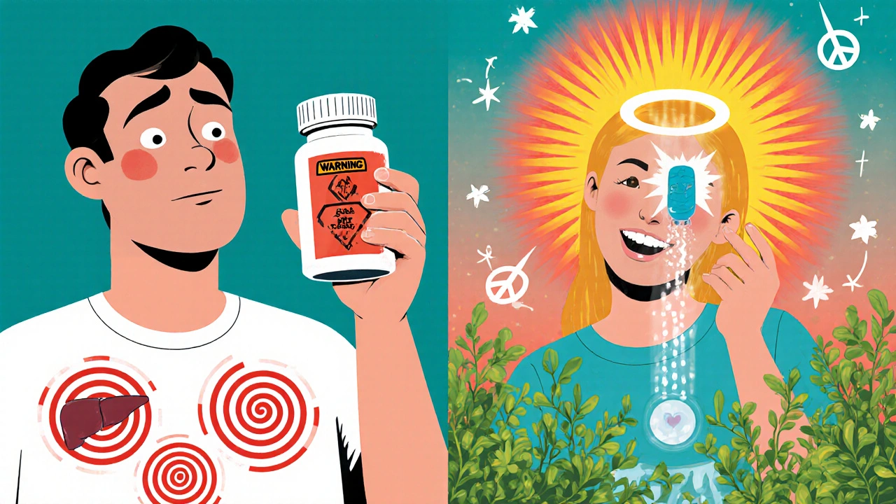 Split illustration: patient distressed by side effects vs. peaceful with modern HIV pill radiating calm energy.