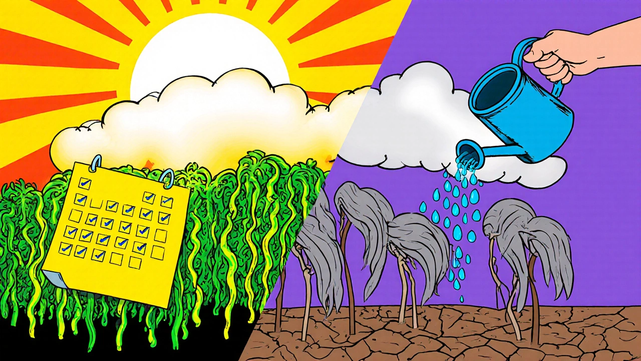 Split illustration showing a checked calendar leading to thriving hair versus missed doses causing wilted hair.