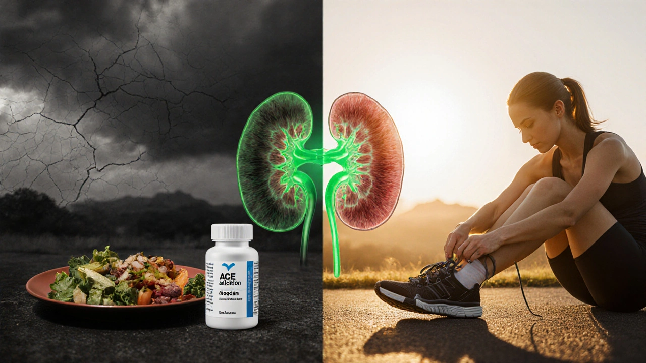 Split‑screen art contrasting damaged and healthy kidneys with a person exercising and taking medication.