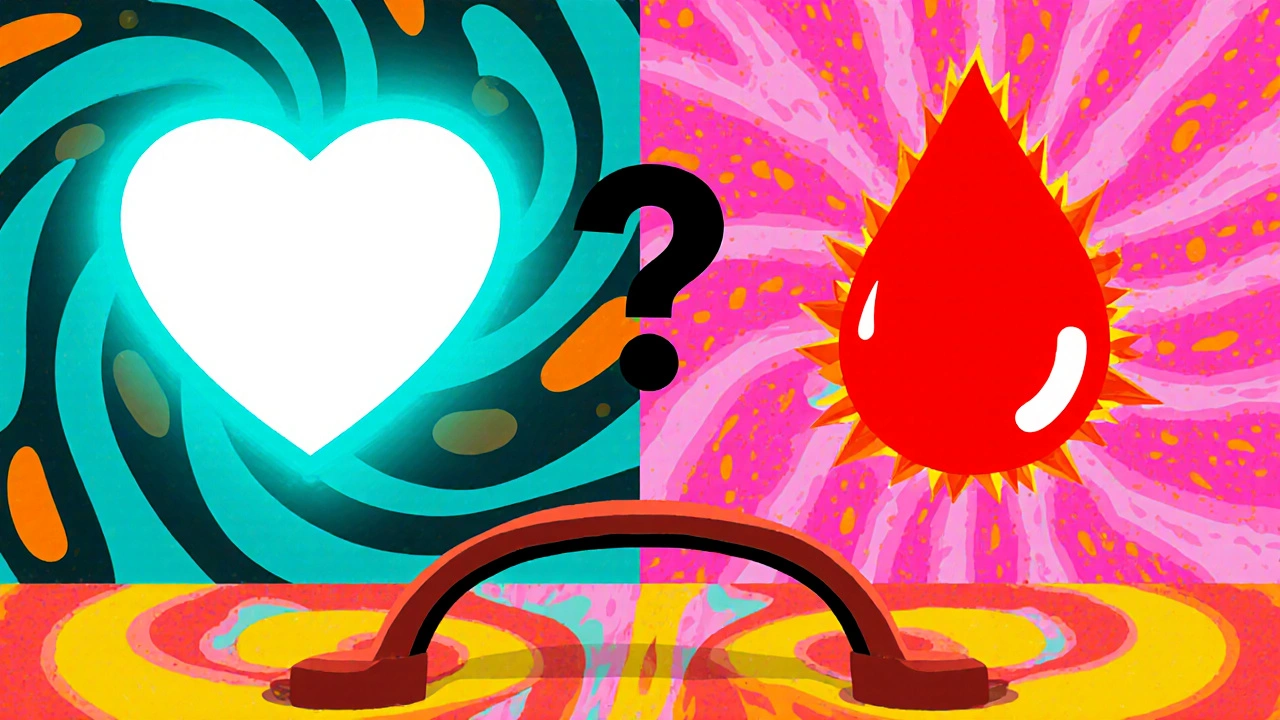 Split-screen cartoon showing heart for stroke risk and red droplet for bleeding risk.