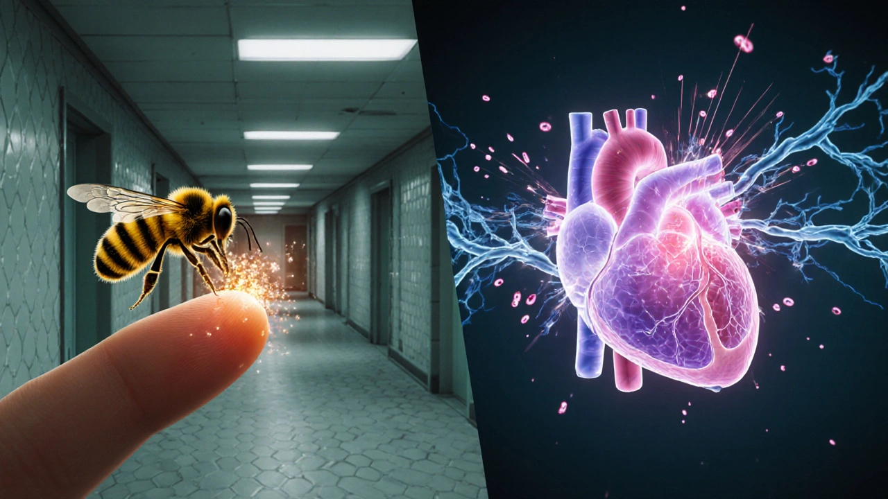 Split view of a bee sting releasing histamine and heart cells attacked by mast cells and ROS.