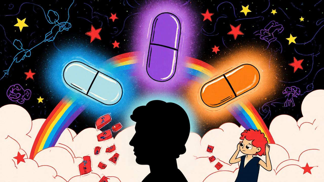 Three colorful pills dancing above a person, dissolving migraine storm clouds into rainbows.