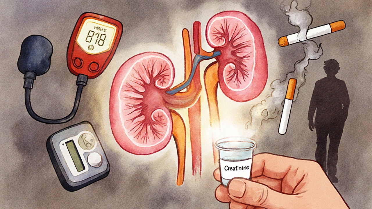 Watercolor collage of kidney risk factors and screening tools surrounding a highlighted kidney.