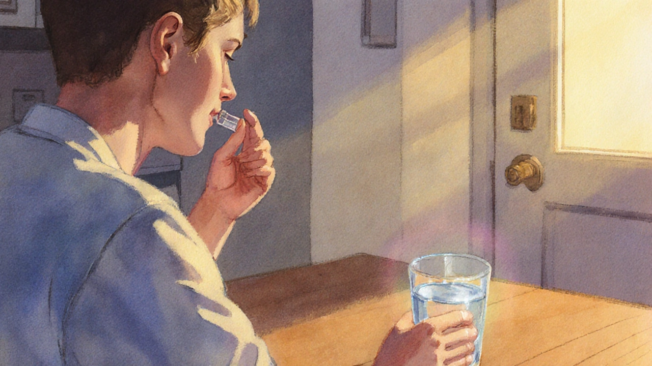 Watercolor scene of patient drinking water with a pill, indicating treatment.