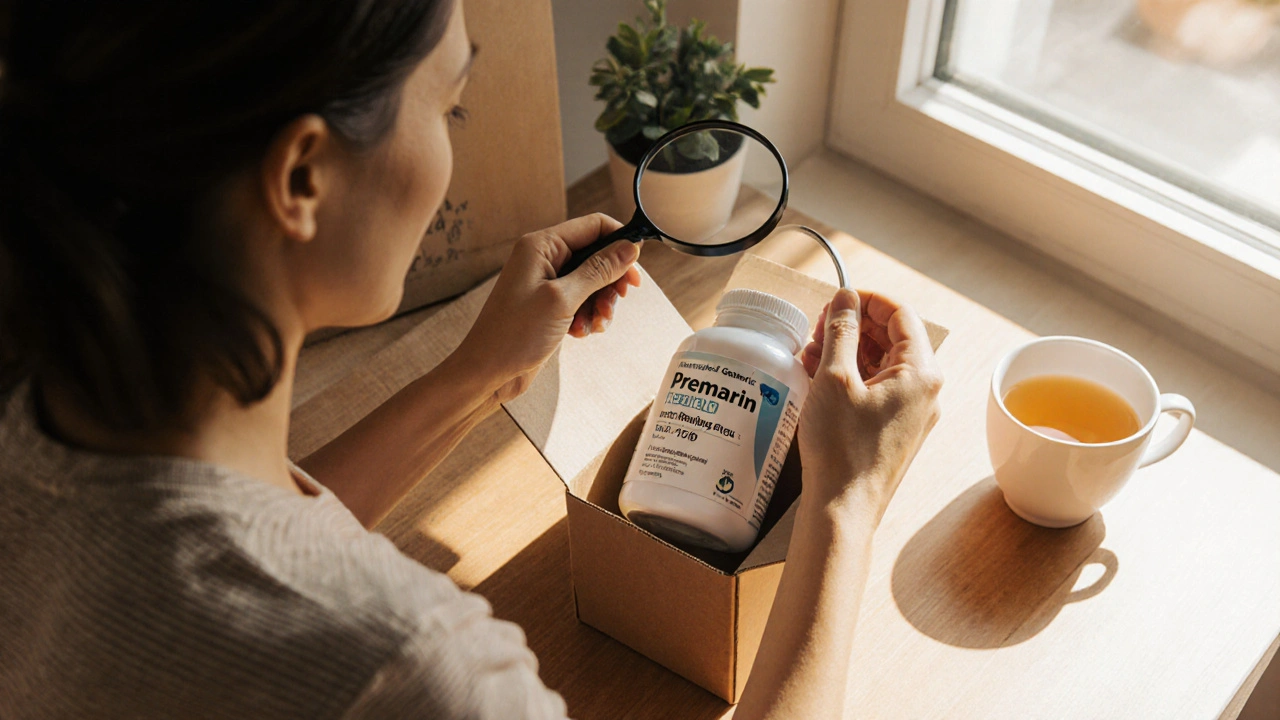 Woman opening a package and inspecting a generic Premarin bottle with a magnifying glass.