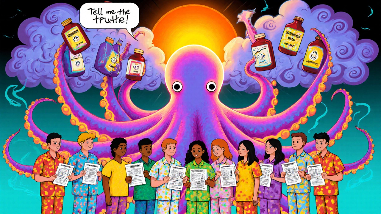 A colorful octopus committee holds ethical principles as patients stand together under a rising sun breaking through drug bottle clouds.