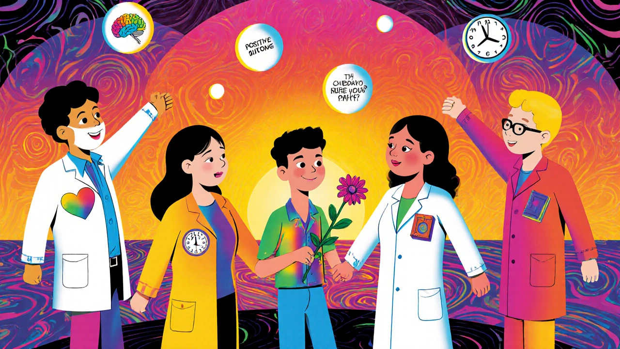 A diverse care team dancing around a young person with a blooming flower, surrounded by glowing affirmations and rainbow-hued abstract patterns.