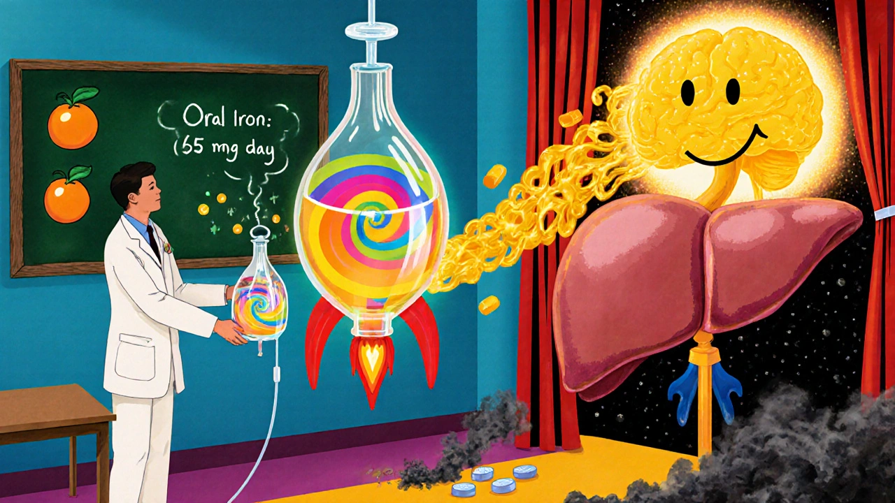 A doctor gives a rainbow IV bag to a patient while a smiling liver releases iron into the brain, with ferritin levels and vitamin C doodles in the background.