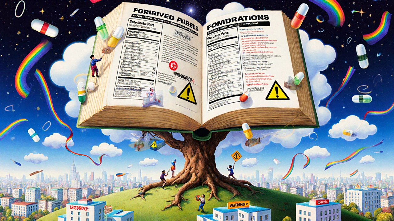 A giant book of drug labels rising like a tree, with tiny figures climbing to find side effect information under a starry sky.