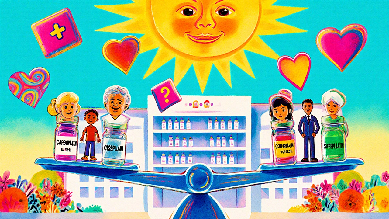 A giant scale balances drug vials against symbolic patients, with floating ethical criteria glowing in psychedelic colors.